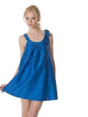 Theory Steffen 100% Silk Bow Shoulder Mini Dress Royal Cobalt Blue Shift US 8 M